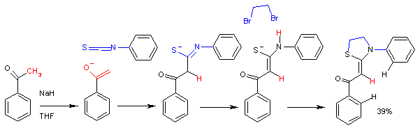 The reaction of acetophenone enolate with phenyl isothiocyanate. In this one-pot synthesis[7] the ultimate reaction product is a Thiazolidine. This reaction is stereoselective with the formation of the Z-isomer only.