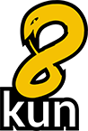 A yellow brush-stroke styled 8 outlined in black, with "kun" underneath in white text outlined in black