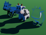 3D rendered image showing three copies of a cartoon cow. The one on the left has a mirror surface, and the one on the right uses a transparent glass material. The outlines of the cows and the shadows are smooth with no blockiness or angular defects, and the reflection looks quite realistic, but the transparency does not look convincing, and the lighting in the shadowed areas of the cows is not quite realistic.