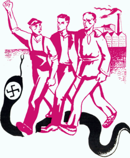 Cartoon illustration on a white background and two colors: black and magenta-reddish. Three people in the centre share the magenta-reddish color with an industrial building in their background. From left to right: a worker, an intellectual and a peasant are seen trampling on a large black snake with a swastika inside white circle inscribed on its head.