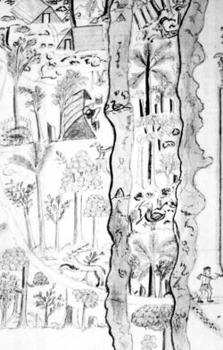 Black and white drawing of a farm in a forest with animals and human activities