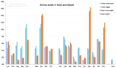 Diagram showing the relative occurrence of amino acids in blood serum as obtained from diverse diets.