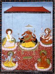 The five primary deities Of Smarta in a Ganesha-centric panchayatana: Ganesha (centre) with Shiva (top left), Adi Shakti (top right), Vishnu (bottom left), and Surya (bottom right)