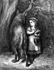 An illustration of Red Riding Hood meeting the wolf