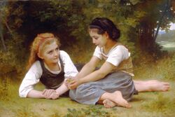 Painting of two girls sitting on the ground