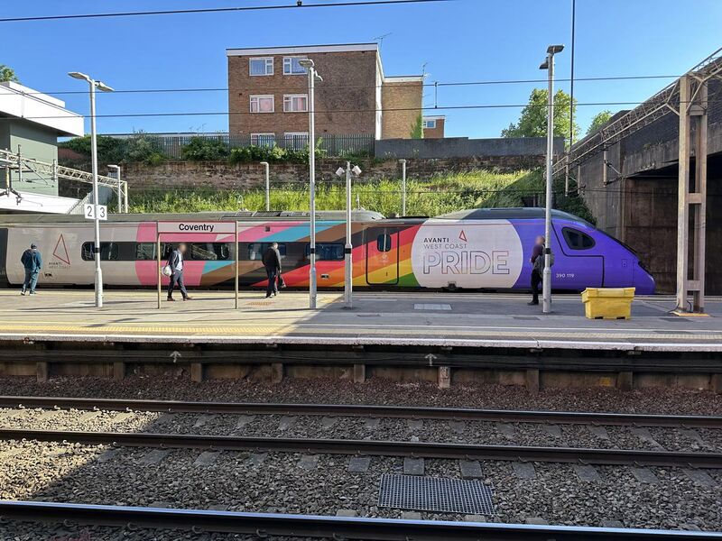 File:AWC's Progress train 390119 (Trainbow) at Coventry station, June 2023.jpg