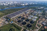 Aerial photo of Kuryanovo activated sludge sewage treatment plant in Moscow, Russia.