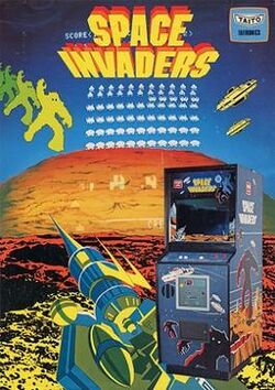 A promotional flyer for Space Invaders : an arcade display on the bottom-right corner is shown over a laser cannon surrounded by aliens and saucers; the background contains the screen against a background of a canyon and a block mountain; the Space Invaders and Taito logos are displayed on the top of the poster.