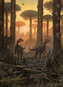 Artistic reconstruction of the habitat of Limusaurus