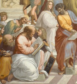 Scene from Raphael's School of Athens showing Pythagoras as a balding, bearded man writing in a book with a quill. He is dressed in a long-sleeved tunic with a cloak spread across his legs as he kneels to write, using his left thigh to support the book. In front of him, a boy with long hair presents him with a chalk board showing a diagrammatic representation of a lyre above the symbol of the tetractys. Averroes, shown as a stereotypical Middle Easterner with a mustache and wearing a turban, peers over his left shoulder while another bearded, balding philosopher in classical garb, probably Anaxagoras, peers over his right shoulder, taking notes into a much smaller notepad. A very feminine looking figure with long hair stands behind the boy, dressed in a white cloak.