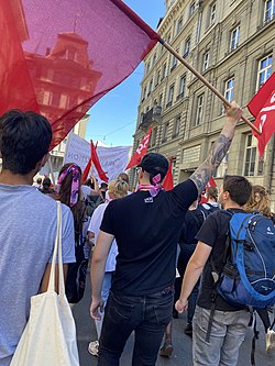 Participation of the Swiss section l'Étincelle to the protest march against reform of the retirement system in Bern, Switzerland, 18 September 2021