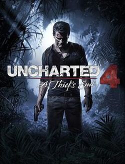 The game's protagonist, Nathan Drake, is covered in cuts and bruises, holding a handgun, and standing in the middle of a jungle.