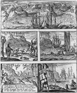 Engraving showing scenes of Dutch killing animals on Mauritius, including dodos