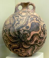 An ancient nearly spherical vase with 2 handles by the top, painted all over with an octopus decoration in black