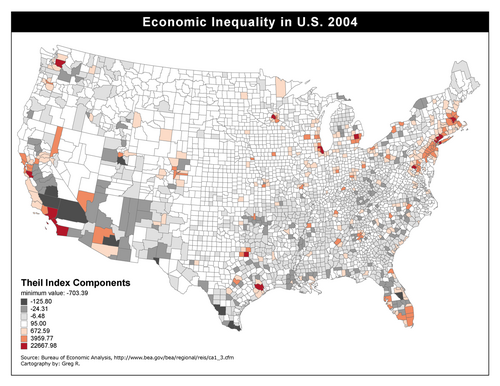 Map of economic inequality in the United States using the Theil Index. A high positive theil index indicates more income than population while a negative value shows more population than income. A value of zero shows equality between population and income.