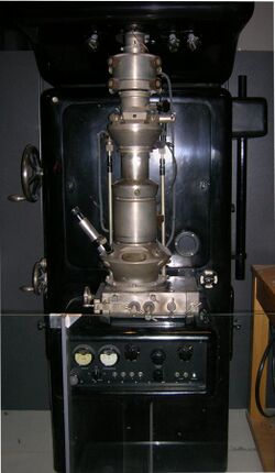 An images of a replica of one of the original electron microscopes which is now in a museum in Germany