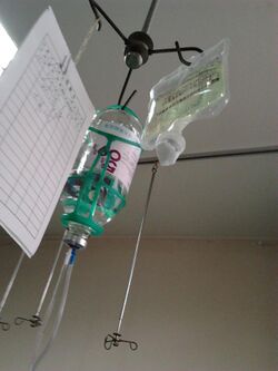 Photograph of two intravenous solution bags (containing glucose and levofloxacin, respectively) and a paper log sheet hanging from a pole