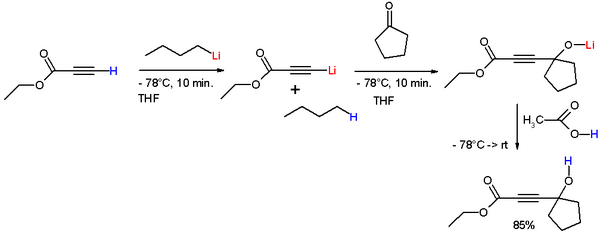 Reaction of ethyl propiolate with n-butyllithium to form the lithium acetylide.