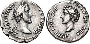 Coin of Antoninus Pius, Marcus's predecessor, depicting Antoninus on the obverse and Marcus on the reverse.