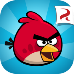 A square-shaped game image of Red on a blue background. The Rovio Entertainment logo is inside a white banner located in the top right corner.