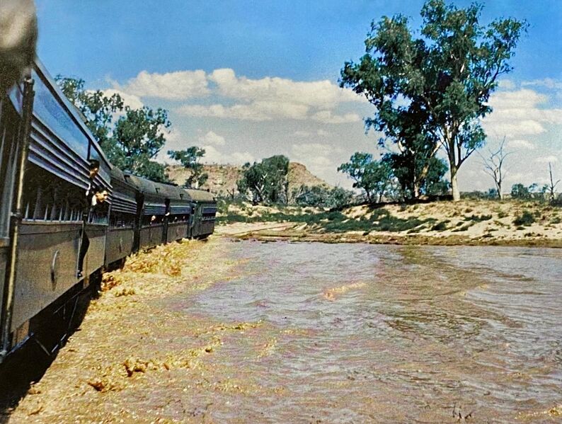 File:Ghan train crossing flooded Finke River, Northern Territory, Australia ca 13 Feb 1953 (Peter Dunham).jpg