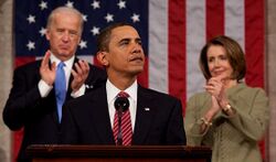 Photo of Obama giving a speech to Congress, with Pelosi and Biden clapping behind him
