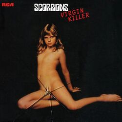 a naked prepubescent girl, her pubic area partially obscured by a "cracked glass" effect, posing suggestively on a black background; seen above her are the Scorpions text logo and the title of the album