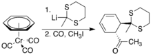 (Benzene)chromiumtricarbonyl electrophile nucleophilic carbonylation.png