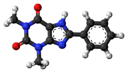 Ball-and-stick model of the 8-phenyltheophylline molecule