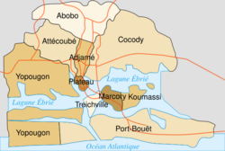 Map of the 10 communes which formed the former City of Abidjan (422 km2), now included in the larger Autonomous District of Abidjan (2119 km2)