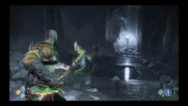 A GIF that shows the character Kratos throwing his weapon, the Leviathan Axe, at an enemy, magically freezing it in place. Important character information is shown in both bottom corners.