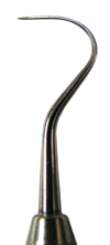 Curved tip of a small metal probe, tapering to a point.
