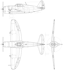 3-view line drawing of the Republic P-47B Thunderbolt