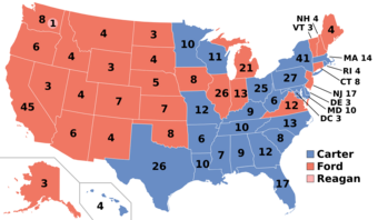 Map of the 1976 presidential election. Most western states are red whilst the majority of eastern states are blue.