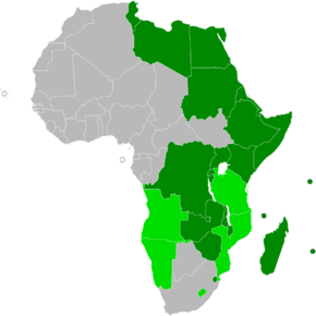 Map of Africa indicating COMESA membership.      Current members      Former members 