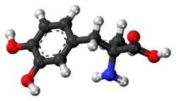 Ball-and-stick model of the methyldopa molecule