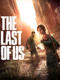 Artwork of Ellie, a teenage girl with brown hair. She has a backpack, with a sniper rifle strapped to her side, and is standing behind Joel, a man in his 40s who has brown hair and beard, and a revolver in his left hand. They are standing in a flooded, overgrown city street, turning to face the camera. The text "THE LAST OF US" is positioned to the left.