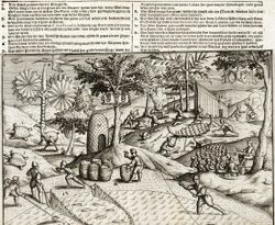 Men working in a wooded area on a 16th-century illustration
