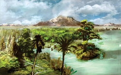 A tropical environment with a lake, palm trees and conifers, and in the background a tall mountain