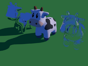 3D rendered image showing three copies of a cartoon cow. The one on the left has a mirror surface, and the one on the right uses a transparent glass material. The outlines are angular and there are some defects (due to the low-resolution mesh of the models), and the transparent cow has no shadow.