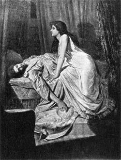 A black and white painting of a man lying on a table, while a woman is kneeling over him.