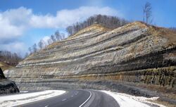 Photo of a road cutting through a thick and repeating sequence of pale grey to black rock strata.