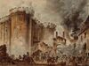 On the left-hand side of the painting, a building with towers is being attacked and is bathed in flames. On the right-hand side, black smoke billows around. At the base of the piece, small people are fighting and destroying the building brick by brick.