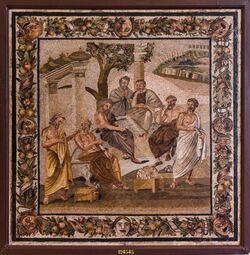 Framed mosaic of philosophers gathering around and conversing