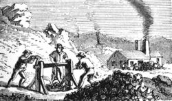 A black-and-white drawing of men working in a mine