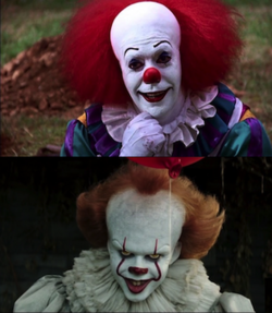 Top: A clown with red hair and white make-up stands around a ground of green grass and dirt piles doing a thinking pose and presenting a seductive smile. Bottom: A clown with orange hair holds a red ballon and expresses a sinister smile.