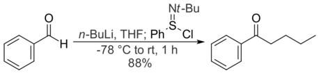 Benzaldehyde and n-butyllithium react to give a secondary alkoxide, which reacts with N-tert-butylbenzenesulfinimidoyl chloride to give a ketone.