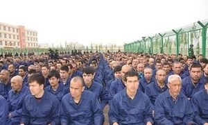 A photo of many Uyghur men, dressed in identical blue clothing, sitting down in rows. On the right hand side of the photo, there is a barbed wire fence. The men are within a re-education camp.