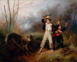 Painting of a wolf snarling at three children