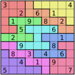 A Sudoku puzzle grid with many colors, with nine rows and nine columns that intersect at square spaces. Some of the spaces are filled with a digit; others are blank spaces to be solved.